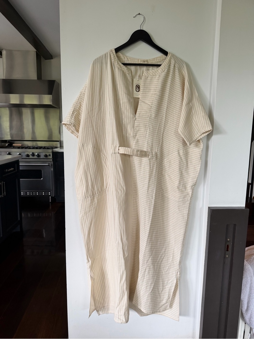 Cream Striped Short-Sleeve Cotton Dress in Ivory